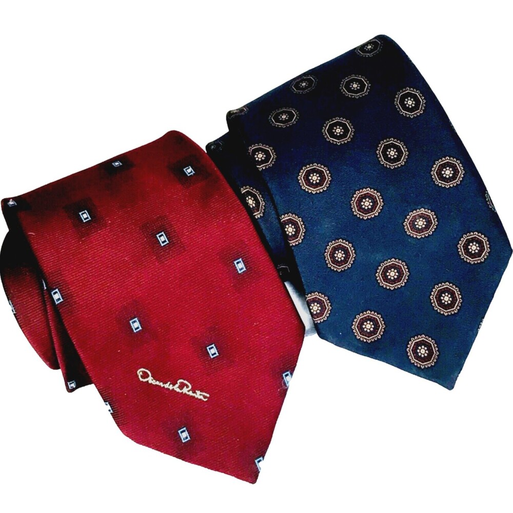 Oscar de la Renta Ties (2) Vintage Red Blue Medallion Silk Couture Y2K Preppy
